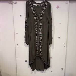 Free People Embroidered Khaki Green midi Dress